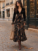 Elegant Floral Velvet Print Sleeve Maxi Dress