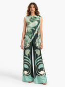 Retro Artistic Print Fringe Trim Asymmetrical Top & Pants Two-Piece Set
