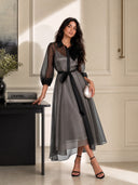 Elegant Sheer Organza Overlay Tie-Waist Midi Dress