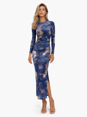 Charm Lady Mesh Overlay Tie Dye Print Long Sleeve Ruched Stretch Midi Dress