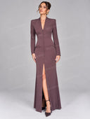 Elegant Long Sleeve Button Front Slit Maxi Blazer Dress