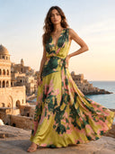 Lime Floral Printed Wrap Maxi Dress