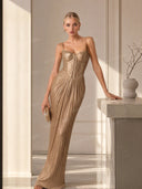 Elegant Pleated Metallic Tie-Waist Party Slit Gown Maxi Dress