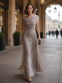 Elegant Draped Mock Neck Pleated Chiffon Maxi Dress