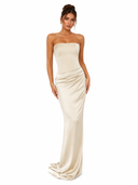 Elegant Strapless Draped Satin Maxi Dress