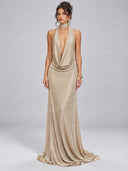 Sexy Metallic Halter Plunge Neck Draped Maxi Dress