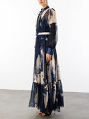 Elegant Abstract Floral Print Sheer Chiffon Maxi Dress