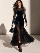 Velvet Mesh Polka Dot Long Sleeve Maxi Dress