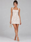 Elegant Floral Lace Square Neck Mini Dress