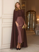 Elegant Satin and Sheer Chiffon Cape Maxi Dress
