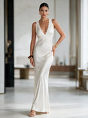Exquisite Modern Day Glam Satin Lace Trim V-neck Cross Back Maxi Dress
