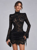 Elegant High Neck Lace Ruched Mini Dress