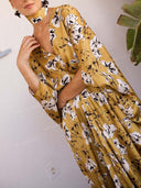 Elegant Floral Print Draped Kaftan Maxi Dress