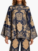 Retro Baroque Print High Neck Batwing Sleeve Two-Piece Set