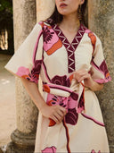 Boho Large Floral Print V‑Neck Belted Fringe Midi Dress