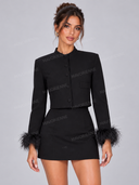 Elegant Feather Trim Cropped Jacket & Mini Skirt Set