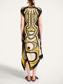 Retro Geometric Print Fringe Trim Asymmetrical Midi Dress