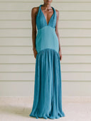 Elegant Backless Deep V-Neck Ruched Maxi Dress