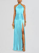 Elegant Metallic Pleated Halter Neck Maxi Dress