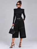 Elegant Mock Neck Bodysuit & Wide Leg Pants Two Piece Set