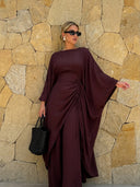 Batwing Sleeve Side Drawstring Tunic Top & Wide‑Leg Pants Two‑Piece Set