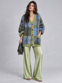 Casual Fuzzy Plaid Cardigan & Satin Wide Leg Pants Two Piece Set