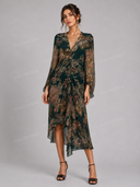 Retro Paisley V-Neck Asymmetric Midi Dress