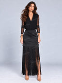 Elegant Sheer Sleeve Bodysuit & Fringe Maxi Skirt Two Piece Set