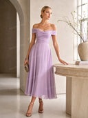 Elegant Peplum Pleated Chiffon Off The Shoulder Sleeveless A-Line Midi Dress