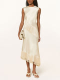 Elegant Beige Satin Fringe Sleeveless Midi Dress