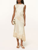Elegant Beige Satin Fringe Sleeveless Midi Dress