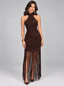 Elegant Crochet Halter Fringe Maxi Dress