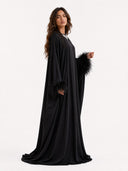 Elegant Feather-Trim Long Cardigan & Maxi Dress Set
