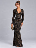 Sexy Floral Lace Plunge Neck Long Sleeve Maxi Dress