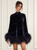 Elegant Mock Neck Feather Trim Velvet Mini Dress