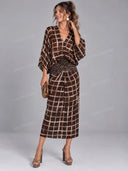 Casual Abstract Plaid Print Kimono Sleeve Maxi Dress