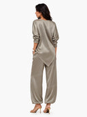 Retro Embroidered Waist Belt Satin Shirt & Harem Pants Set