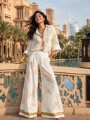 Elegant Butterfly Print Zip-Up Top & Wide Leg Pants Set