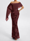 Elegant Off Shoulder Cape Sequin Mermaid Maxi Dress