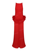 Sexy Floral Applique Draped Waist Sheer Maxi Dress