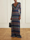 Gradient Crochet Knit V‑Neck Long Sleeve Maxi Dress