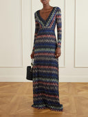 Gradient Crochet Knit V‑Neck Long Sleeve Maxi Dress