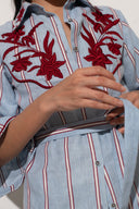 Embroidered Stripe Shirt & Flared Pants Two-Piece Set