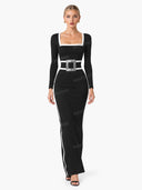 Elegant Black And White Trim Square Neck Long Sleeve Tight Maxi Dress