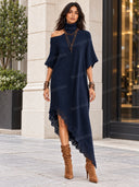 Asymmetric Off-Shoulder Turtleneck Knit Maxi Dress