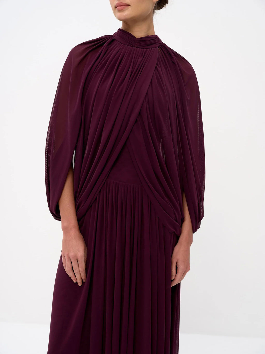 Elegant Draped Cape Sleeve Pleated Maxi Dress