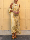 Elegant Botanical Print Sleeveless Midi Dress Two-Piece Set