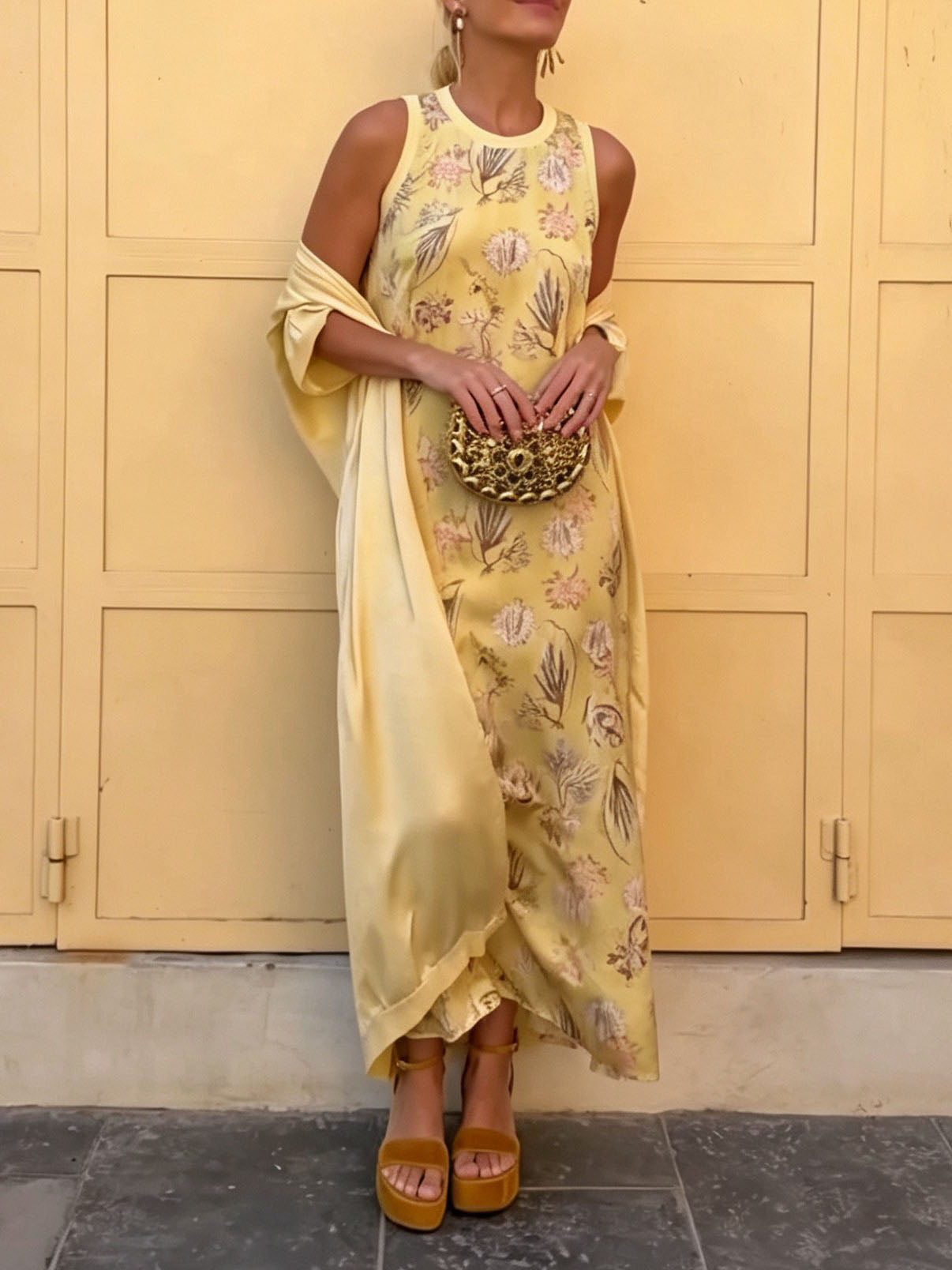 Elegant Botanical Print Sleeveless Midi Dress Two-Piece Set