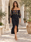 Minimalist Strapless Embroidered Midi Dress