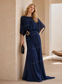 Elegant Blue Chiffon Cape Top & Wide-Leg Pants Two-Piece Set
